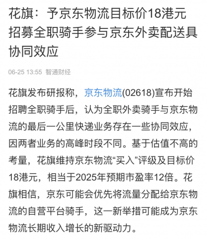 多家知名投行看好京东物流：招募全职骑手参与京东外卖配送具协同效应